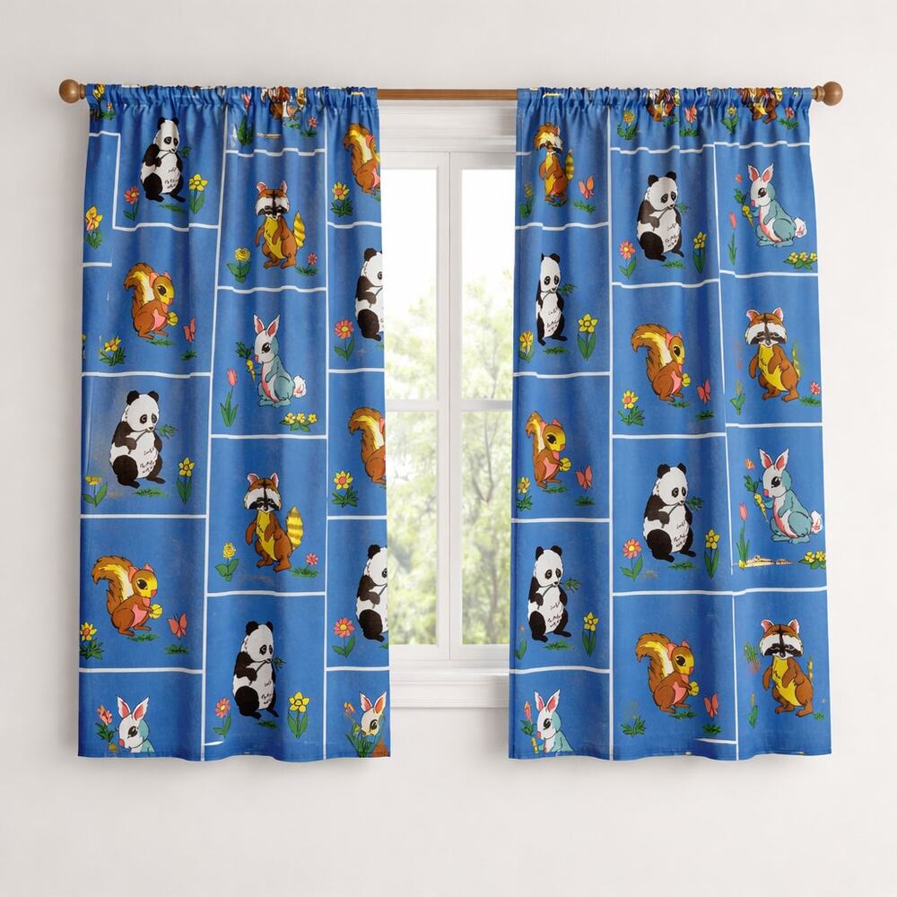 Vintage 80s Cartoon Animal Curtain Panels Set of 2 41x42" Squirrel Panda Raccoon